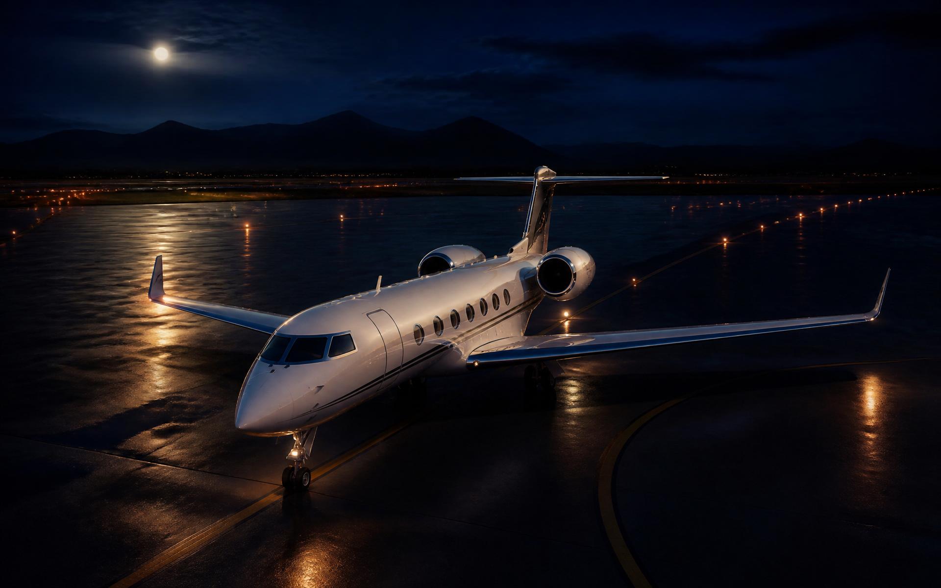 Private jet on moonlit tarmac